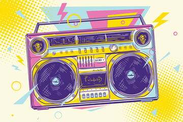 Music design - funky colorful drawn boom box tape recorder