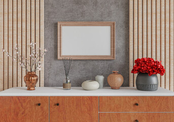 3D mockup photo frame with houseplant in living room rendering