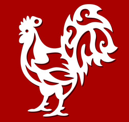 Zodiac Sign for Year of Rooster. Decoration on Christmas tree. Paper cutout or wood art. Template suitable for laser cutting. Laser cut card. New year pattern. 