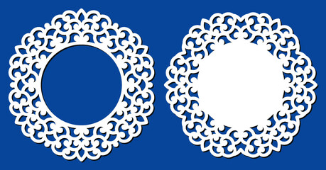 Lace photo frame corners for paper or wood cutting. Laser cut vector frame. Abstract round frame with swirls, vector ornament, vintage border frame. Pattern used for laser cut, metal or wood carving.