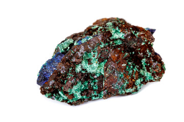 Macro mineral stone Malachite and Azurite against white background