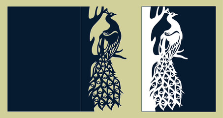 Wedding invitation or greeting card with peacock on the tree. Wedding invitation mock up for laser or plotter cutting. Die cut template save the date card with ornamental bird. Vector illustration