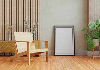 3D mockup photo frame with houseplant in living room rendering