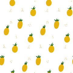 Seamless pattern with hand drawn yellow pineapple and abstract dots. Summer tropical print. Vector flat hand drawn illustration.