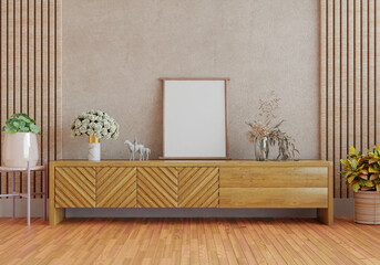 3D mockup photo frame with houseplant in living room rendering