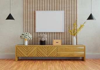3D mockup photo frame with houseplant in living room rendering