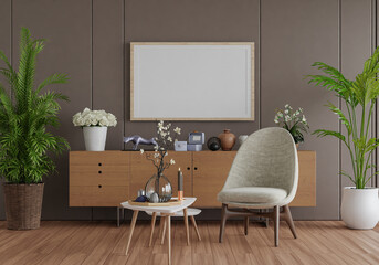 3D mockup photo frame with houseplant in living room rendering