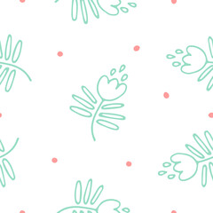 Cute simple pattern in the form of contours of minimalistic and cute little mint-colored flowers on a white background with coral-red specks. A universal pleasant pattern