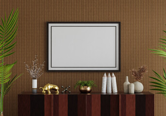 3D mockup photo frame with houseplant in living room rendering
