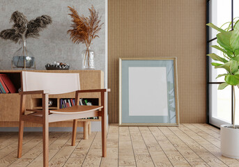 3D mockup photo frame with houseplant in living room rendering