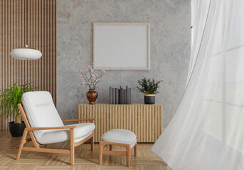 3D mockup photo frame with houseplant in living room rendering