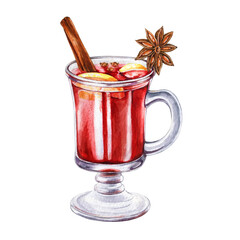 Mulled wine watercolor illustration. Hand drawn winter warm spicy warm punch. Delicious grog on white background. Mulled spicy red wine with cinnamon and star anise. Festive winter time sweet beverage