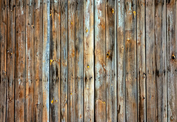 A wooden wall with an aged surface.
Vintage wall and floor made of darkened wood, realistic plank texture.
 Empty room interior background.