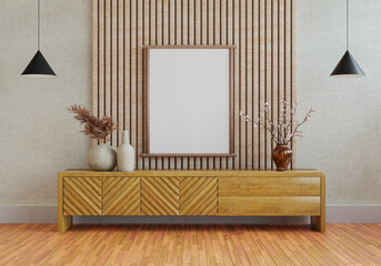 3D mockup photo frame with houseplant in living room rendering