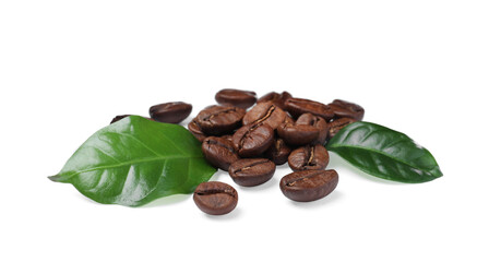 Roasted coffee beans with fresh leaves on white background