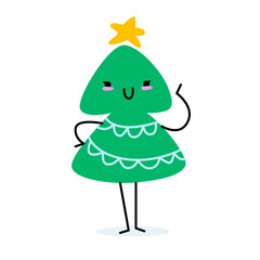 Cute funny character Christmas tree waving hand greeting. Isolated vector graphics, trending and minimalistic. There is a yellow star above the head of the Christmas tree. There is a garland on it