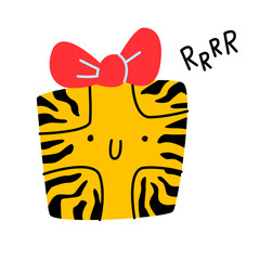 Cute character gift with tiger coloring. An emotional person says Rrrr. A gift for 2022. Isolated funny illustration for postcards.