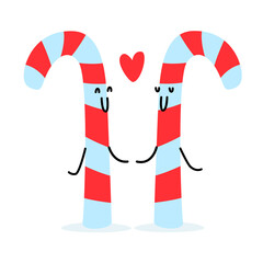 Cute character Christmas lollipop. A couple holding hands, next to a heart icon. Emotional faces of New Year's items. Striped Candy Canes