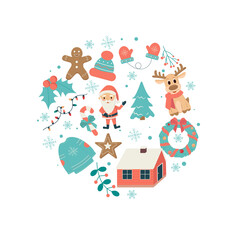 Winter season element set: warm clothes, deer, Santa Claus, biscuits. Perfect for scrapbooking, greeting card, sticker kit.