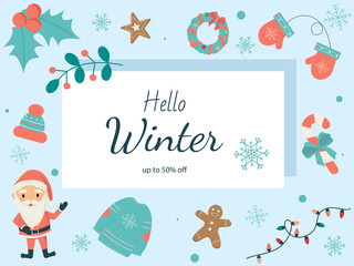 Hello winter sale banner with snowflakes and winter ornaments. Christmas and New Year collection of seasonal elements.