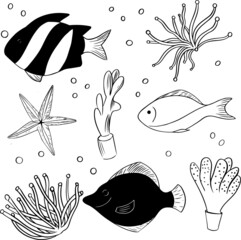 Vector illustration set of underwater fish with corales, for  backgrounds, textures, DIY, wrapping, postcards, logo, branding, etc.