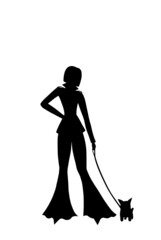 silhouette of a girl in trousers on a walk with a dog on a white background