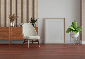 3D mockup photo frame with houseplant in living room rendering