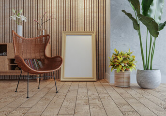 3D mockup photo frame with houseplant in living room rendering