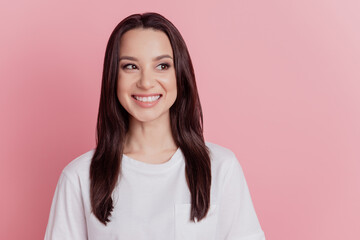 Fototapeta premium Photo of young lovely lady good mood wondered look empty space idea think isolated over pink color background