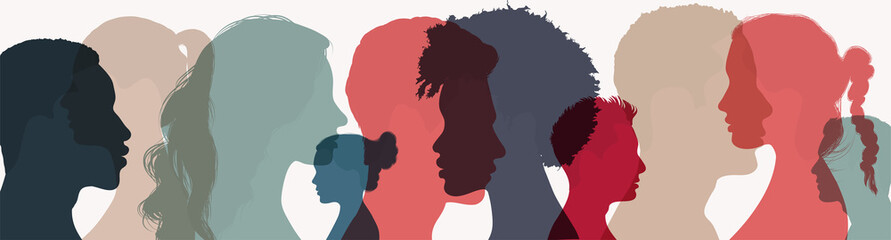 Psychology and psychiatry concept. Silhouette heads faces in profile of multiethnic and multicultural people.Psychological therapy.Patients under treatment.Diversity people.Team community - obrazy, fototapety, plakaty