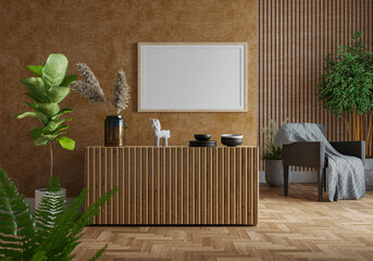 3D mockup photo frame with houseplant in living room rendering