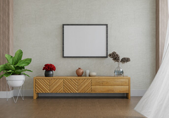 3D mockup photo frame with houseplant in living room rendering