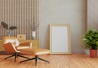 3D mockup photo frame with houseplant in living room rendering