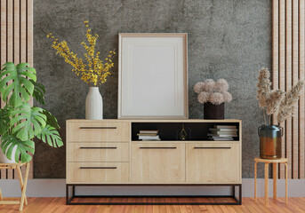 3D mockup photo frame with houseplant in living room rendering