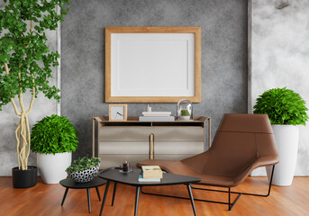 3D mockup photo frame with houseplant in living room rendering