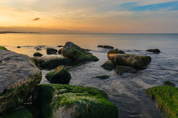 Coast of the Caspian Sea at sunset.