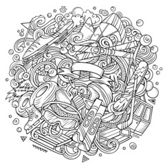 Ski Resort hand drawn cartoon doodles illustration.