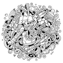Ski Resort hand drawn cartoon doodles illustration.