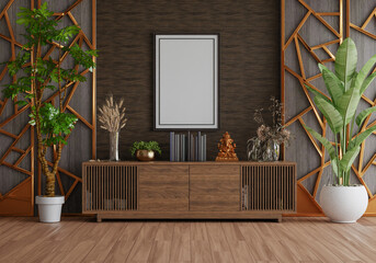 3D mockup photo frame with houseplant in living room rendering