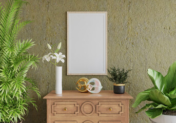 3D mockup photo frame with houseplant in living room rendering