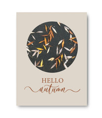 Hello autumn lettering with Hand drawn different colored autumn leaves. Sketch, design elements.