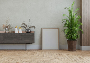 3D mockup photo frame with houseplant in living room rendering