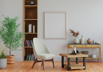 Fototapeta na wymiar 3D mockup photo frame with houseplant in living room rendering