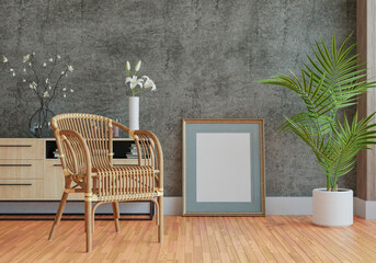 3D mockup photo frame with houseplant in living room rendering