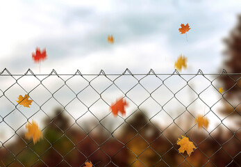 wire fence. and fall leaves chain link fence. industrial fence
