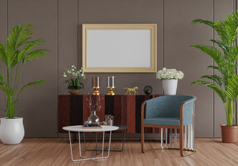 3D mockup photo frame with houseplant in living room rendering