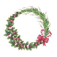 Christmas watercolor wreath, frame with fir branches, green leaves, berries and with a red bow. For postcards, congratulations, wallpaper, background