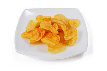 potato chips lie on a white plate, isolated on a white background