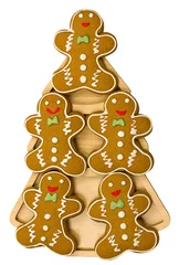 Poster Lieve mosters Peperkoeken op houten kerstboom plaat geïsoleerd op een witte achtergrond. Zelfgemaakte Kerstkoekjes