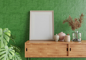 3D mockup photo frame with houseplant in living room rendering